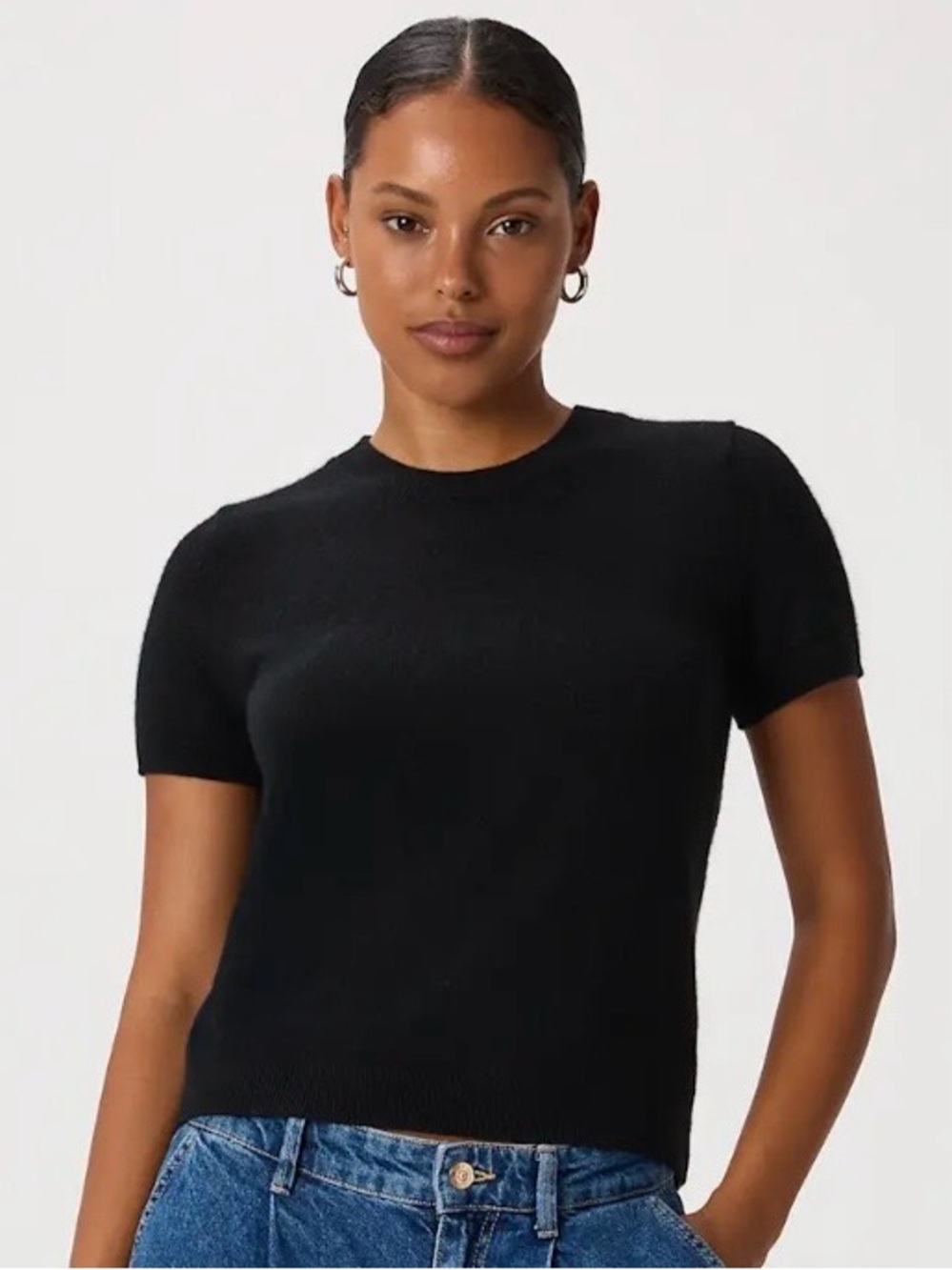 Quince 100% Mongolian Cashmere Black Short Sleeve Crewneck Sweater Tee Large